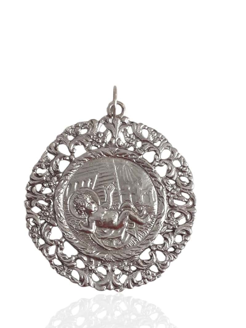 Medalla cuna niño pesebre, mediana. Plata
