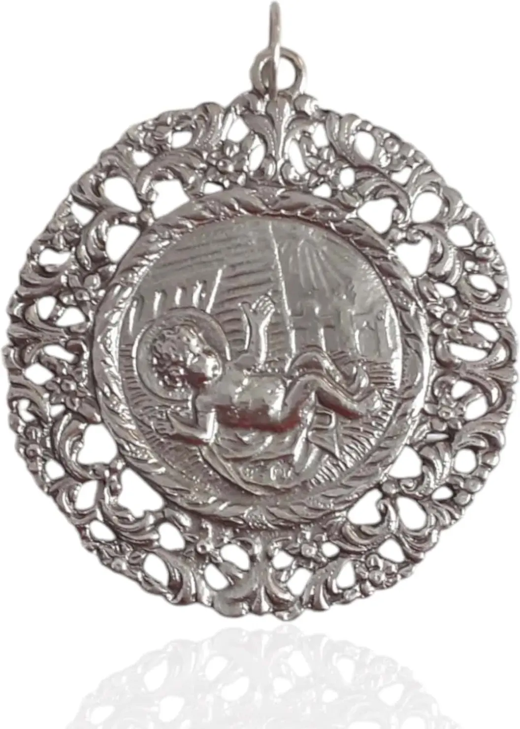 Medalla cuna niño pesebre, mediana. Plata