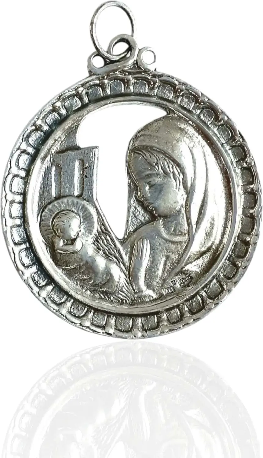 Medallla de cuna Virgen con niño calada, pequeña. Plata