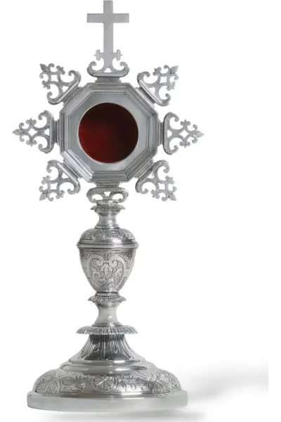 Relicario Pequeño Teca Octogonal Cruz Plana. Plata