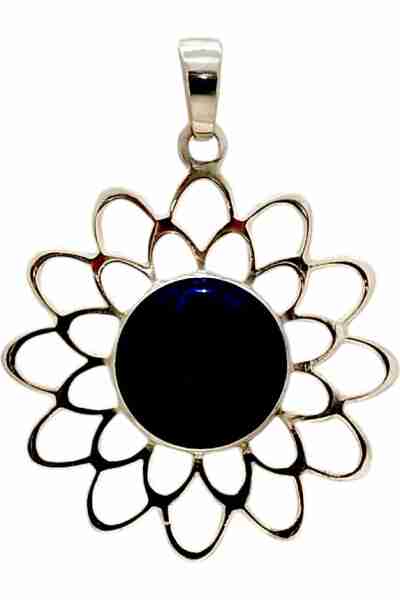 colgante flor con piedra onix. plata de ley