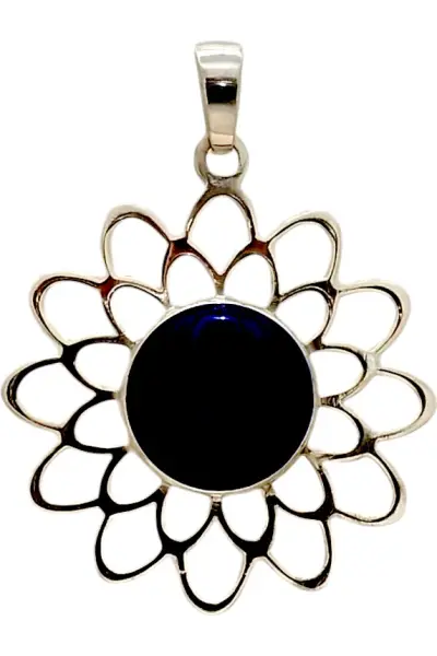 colgante flor con piedra onix. plata de ley