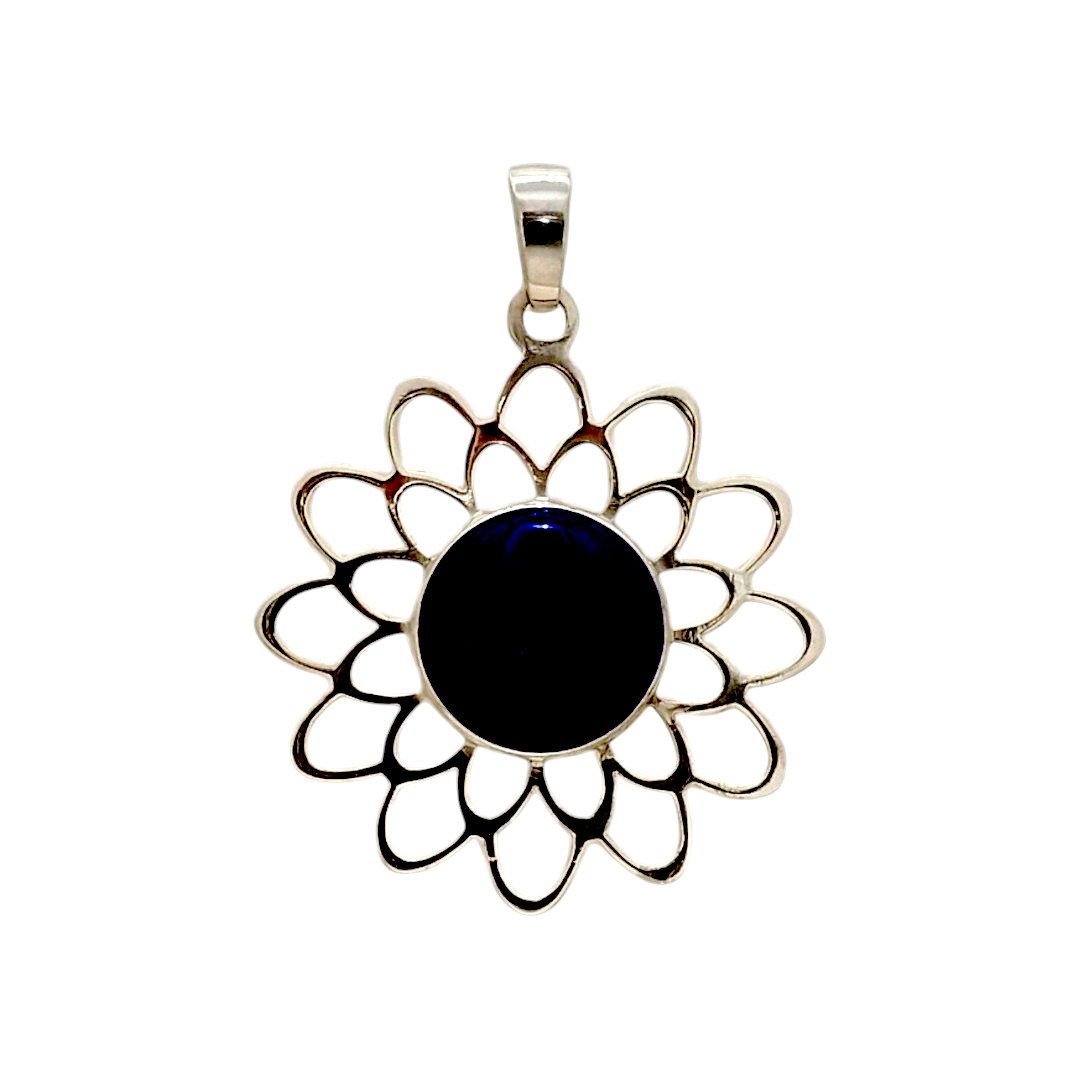 colgante flor con piedra onix. plata de ley