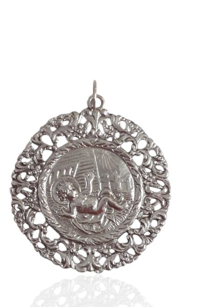 Medalla cuna niño pesebre, mediana. Plata