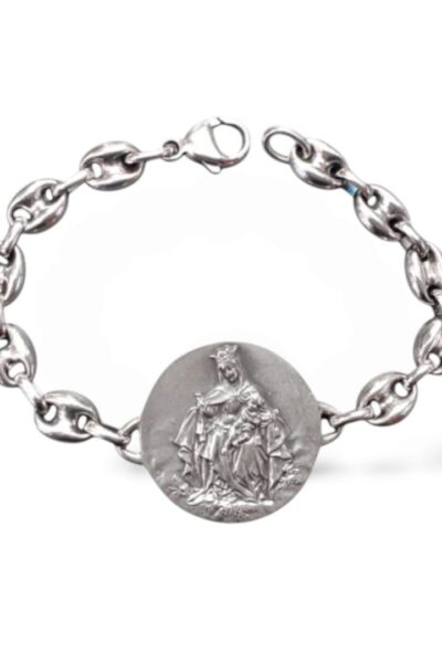 pulsera escapulario en plata. virgen del carmen y sagrado corazón