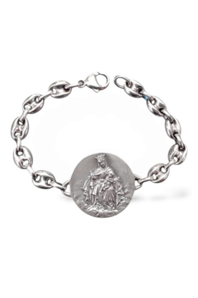 pulsera escapulario en plata. virgen del carmen y sagrado corazón