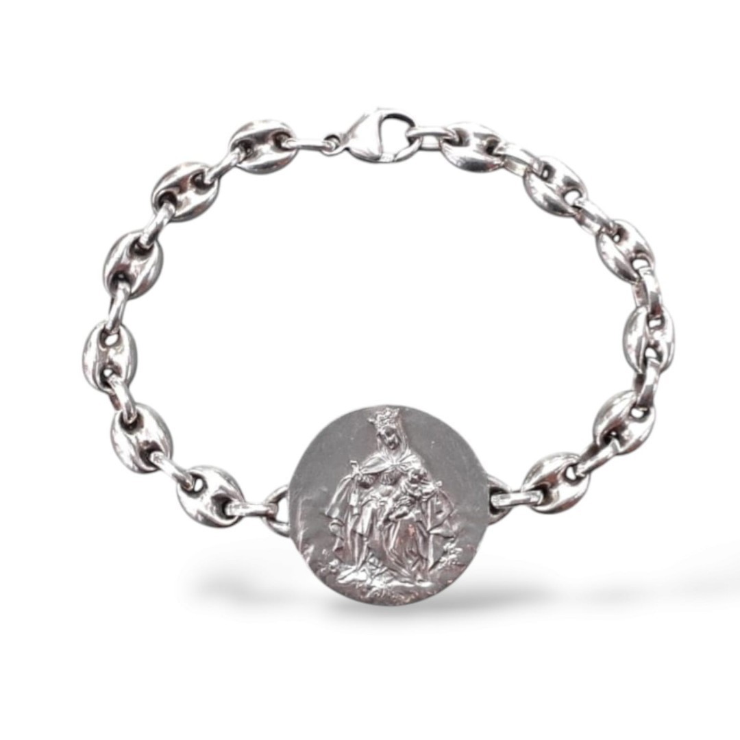 pulsera escapulario en plata. virgen del carmen y sagrado corazón.