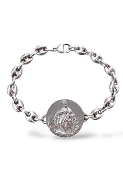 pulsera escapulario en plata. virgen del carmen y sagrado corazón.