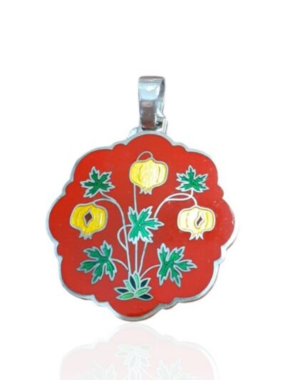 colgante esmalte redondo lobulado con diseño floral y fondo rojo joyeria-plata-granada