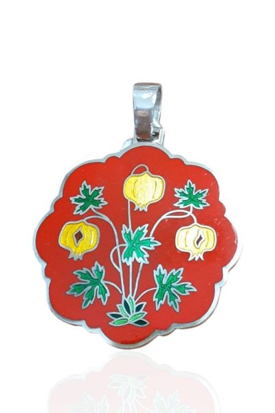 Colgante esmalte redondo lobulado rojo con diseño floral. joyeria-plata-granada